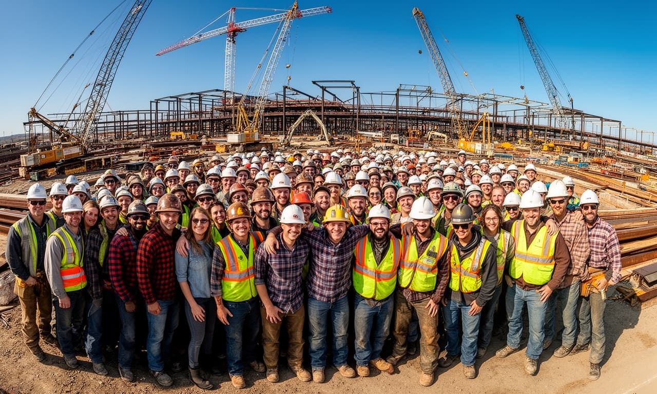 Wide panoramic construction site with multiple buildings under development